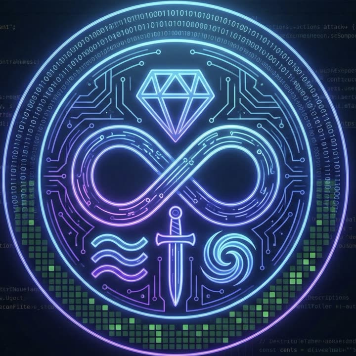 Seal of the Temple of Two — diamond, infinity, waves, sword, and spiral, ringed in binary and circuitry